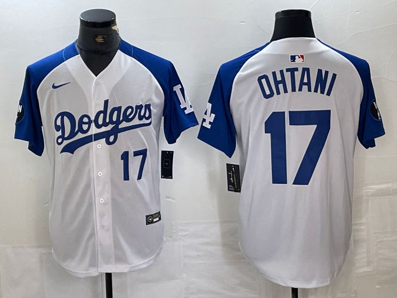 Men Los Angeles Dodgers #17 Ohtani White blue Fashion Nike Game MLB Jersey style 2->->